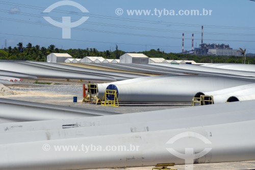 Foto feita com drone de hélices de aerogeradores em pátio de empresa de logística no Complexo Industrial e Portuário do Pecem - São Gonçalo do Amarante - Ceará (CE) - Brasil