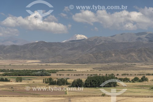 Paisagem árida e seca com montanhas da Cordilheira dos Andes ao fundo - Mendoza - Província de Mendoza - Argentina