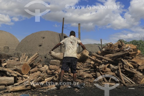Trabalhador e forno usado na produção de carvão vegetal  - Boa Vista - Roraima (RR) - Brasil