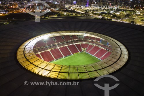 Foto feita com drone do Estádio Nacional de Brasília Mané Garrincha (1974) à noite - Brasília - Distrito Federal (DF) - Brasil