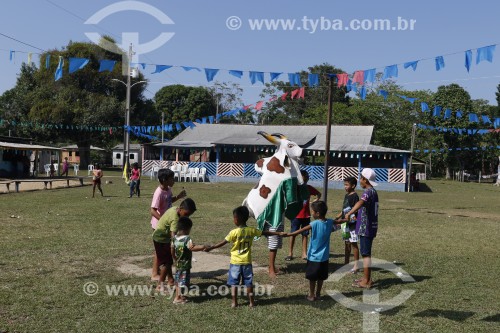 Crianças brincando o folclore popular do Boi Malhadinho (Boi Estrelinha) na comunidade Nossa Senhora das Lágrimas - Parintins - Amazonas (AM) - Brasil