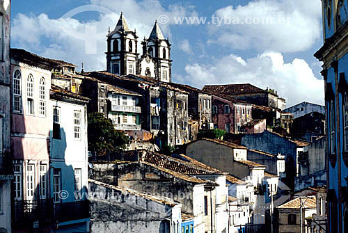  Architectural detail, the steeples of a church rising above houses - Pelourinho - Salvador city - Bahia state - Brazil 