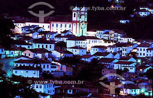  View of the Ouro Preto city at night with the Conceiçao Church (1) rising above the surrounding houses at twilight - Ouro Preto city (2) - Minas Gerais state - Brazil  (1) The church is a National Historic Site since 09-08-1939.   (2) Ouro Preto cit 