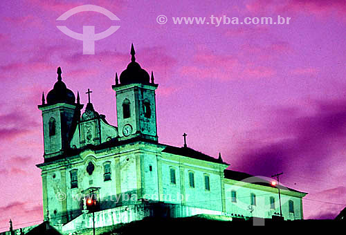  Architectural detail, facade of a church illuminated at twilight - Ouro Preto - Minas Gerais state - Brazil 