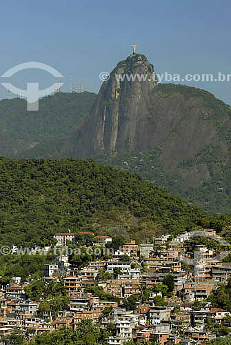  Chapeu Mangueira favela with Christ the Redeemer mountain on the backround - Rio de Janeiro city - Rio de Janeiro state - Brazil 