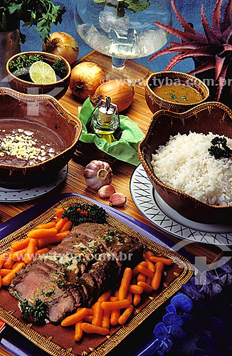  Food - roast beef, rice, beans, garlic and onion.  - Brazil