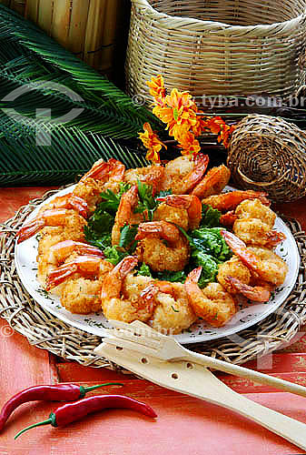  Cookery: shrimps, peppers and a straw basket in the background  - Brazil