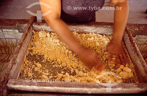  Manual processing of manioc flour - detail of the hands of the woman - near the city if Barreirinhas (small village in Maranhao) - Brazil 