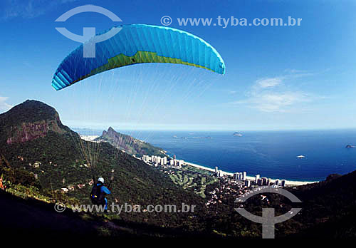  Paragliding - Sao Conrado and Agulhinha da Gavea Beaches in the background - Rio de Janeiro city - Rio de Janeiro state - Brazil 