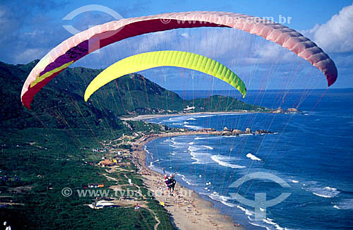  Paraglidings over Mole Beach and Galheta in the background - Florianopolis city - Santa Catarina state - Brazil 