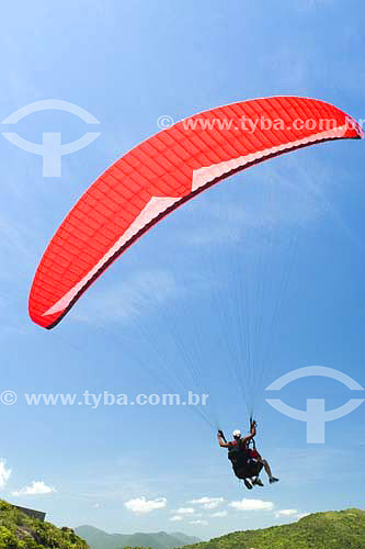  People practicing Parachuting at Praia Mole beach  - Florianopolis city - Santa Catarina state - Brazil 
