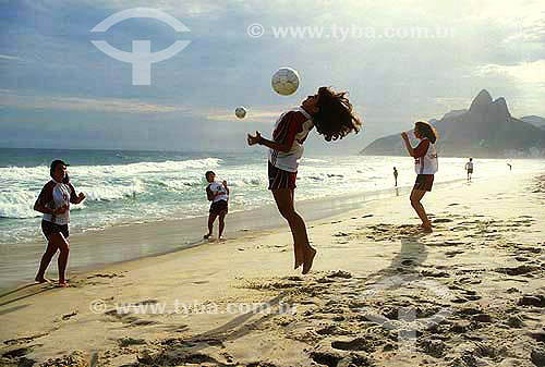 Girls trainning football on Ipanema beach  
