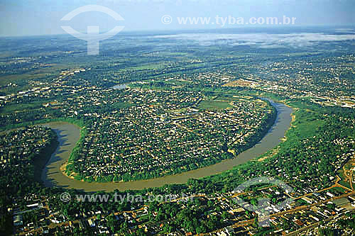  Aerial view of the curves on the Acre river and the dawn mist - Rio Branco city - Acre state - Brazil 