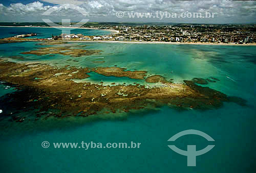  Aerial view of Maceio beach with coral reef in the foreground - Maceio city - Alagoas state - Brazil 