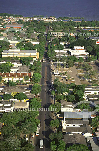  Aerial view of FAB Avenue in downtown Macapa, with Praça da Bandeira (Flag Square) to the right and the Amazonas River in the background - Macapa - Amapa state - Brazil 