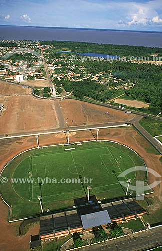  Aerial view of Zerao Stadium, located directly on the equator - the left half of the playing field is in the northern hemisphere, the right half is in the southern hemisphere  - Macapa city - Amapa state (AP) - Brazil