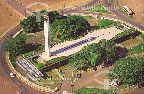  Aerial view of the Marco Zero do Equador (Zero Mark on the Equator) Monument during the equinox. The sun is exactly above the equator line, and the shadow of the Monument is aligned exactly on the equator line as shown here - Macapa - Amapa state -  