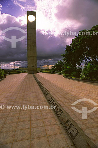  View of the Marco Zero do Equador (Zero Mark on the Equator) Monument during the equinox. The sun is exactly above the equator line, and the shadow of the Monument is aligned exactly on the equator line as shown here - Macapa - Amapa state - Brazil 