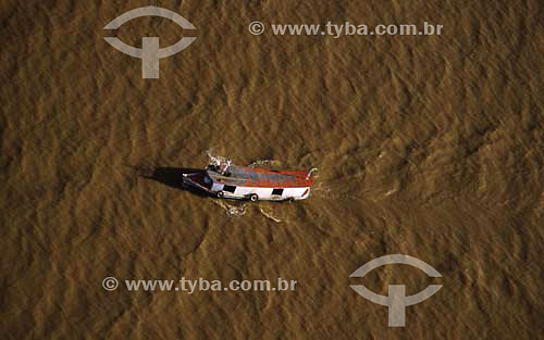  Aerial view of regional boat in Amazonas river - Mazagao County - Amapa state - Brazil 