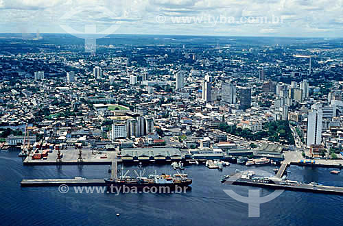  Aerial view of Manaus city with ships on the harbor in the foreground - Manaus city * - Amazonas state - Brazil  * The architectural joint of the port of Manaus city is a National Historic Site since 14-10-1987.  