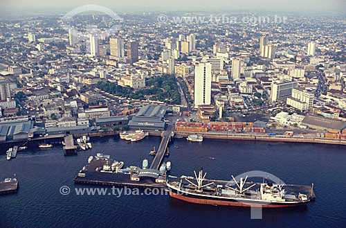  Aerial view of Manaus city with ships on the harbor in the foreground - Manaus city * - Amazonas state - Brazil  * The architectural joint of the port of Manaus city is a National Historic Site since 14-10-1987.  