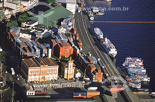  Aerial view of the port of Manaus city*, showing the cargo terminal and the historic Alfandega (Customs) Building (built by the British) - Amazonas state - Manaus city - Brazil  * The architectural joint of the port of Manaus city is a National Hist 