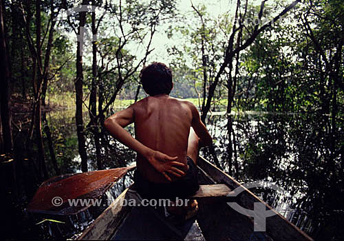  Man rowing canoe among trees on Iguarape do Limao (Lemon Iguarape) - Amazonas state - Brazil 