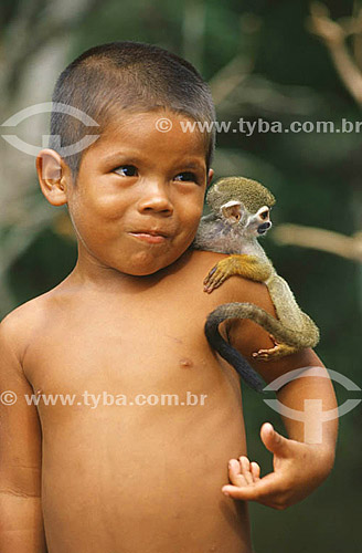  Arlison da Silva Coelho (authorized picture) with a Squirrel Monkey (Saimiri sciureus) in the city of Iranduba - Amazonas state - Brazil 