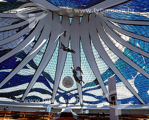  Interior of Brasilia Cathedral (1) with stained glass by Marianne Peretti and hanging angels by Alfredo Ceschiatti - Brasilia city (2) - Federal District - Brazil  (1)The Cathedral is a National Historic Site since 08-13-85. (2)The city of Brasilia  
