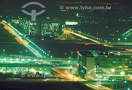  View of the Brasilia city at night with the Brasilia Cathedral (1) in the center - Brasilia city (2) - Federal District - Brazil  (1)The Cathedral is a National Historic Site since 08-13-85. (2)The city of Brasilia is World Patrimony for UNESCO sinc 