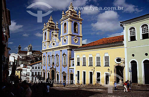  Nossa Senhora do Rosario dos Pretos Church (1)  to the right beside the colored facades of Pelourinho - Salvador city (2) - Bahia state - Brazil    (1)The church is a National Historic Site since 17-06-1938.     (2) The city is a UNESCO World Herita 