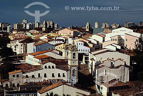  Aerial view of the historical center of Pelourinho with Elevador Lacerda (Lacerda Elevator) to the left in the background  and 