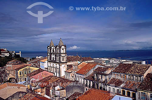  Aerial view of the historical center of Pelourinho with Elevador Lacerda (Lacerda Elevator) to the left in the background and 