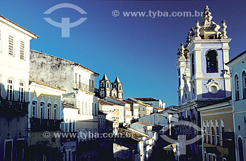  Nossa Senhora do Rosario dos Pretos Church (1)  to the right beside the colored facades of Pelourinho - Salvador city (2) - Bahia state - Brazil    (1)The church is a National Historic Site since 17-06-1938.     (2) The city is a UNESCO World Herita 