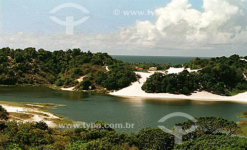  Lagoa de Abaeté (Abaete Lagoon) with dunes of white sand and black freshwater lagoon with sea in the background - Salvador city - Bahia state - Brazil 