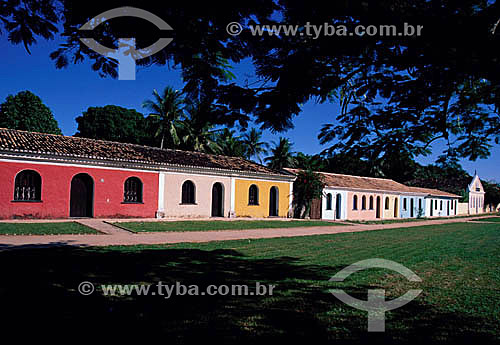  The colored facades of the colonial style houses on the historical center of Porto Seguro* city - South coast of Bahia state - Brazil  * The Costa do Descobrimento (Discovery Coast site, Atlantic Forest Reserve) is a UNESCO World Heritage Site since 