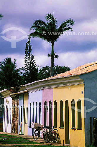  The colored facades of the colonial style houses on the historical center of Porto Seguro* city - South coast of Bahia state - Brazil  * The Costa do Descobrimento (Discovery Coast site, Atlantic Forest Reserve) is a UNESCO World Heritage Site since 