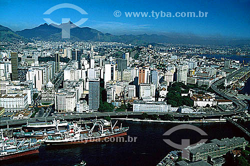  Aerial view of  Rio de Janeiro city downtown , showing part of the harbor in the foreground - Rio de Janeiro city - Rio de Janeiro state - Brazil 