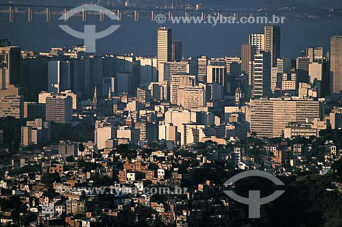  Aerial view of Rio de Janeiro city downtown - with the Rio-Niterói Bridge in the background - Rio de Janeiro city - Rio de Janeiro state - Brazil 