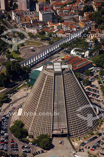  Aerial view of  Rio de Janeiro city downtown, showing the conical São Sebastião do Rio de Janeiro`s Cathedral (or Metropolitan Cathedral) and Lapa Arches - Rio de Janeiro city - Rio de Janeiro state - Brazil 