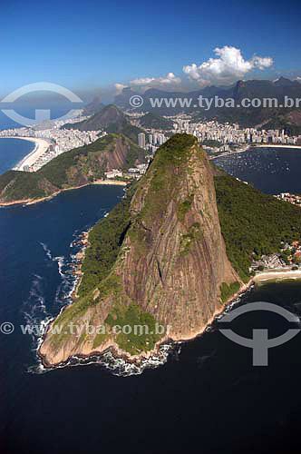  Aerial view of Sugar Loaf Mountain with Copacabana beach and Rio de Janeiro city mountains in the backround - Rio de Janeiro state - Brazil 