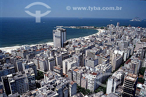  Aerial view of buildings in the neighborhood of Copacabana with the Forte de Copabacana (Copacabana Fort) jutting into the Atlantic Ocean in the center background - Rio de Janeiro city - Rio de Janeiro state - Brazil 