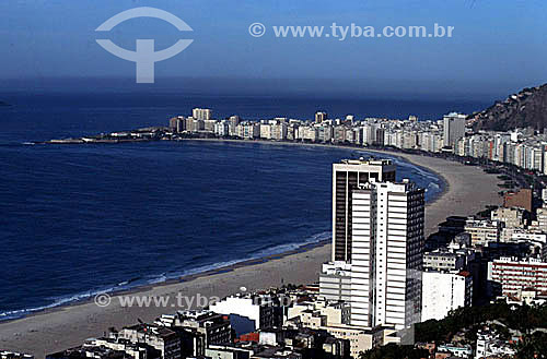  Aerial view of buildings in the neighborhood of Copacabana with the Forte de Copabacana (Copacabana Fort) jutting into the Atlantic Ocean to the left - Rio de Janeiro city - Rio de Janeiro state - Brazil 
