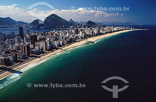  Aerial view, from left to right: the beaches of Leblon, Ipanema, Arpoador, and Rock of Arpoador (1) jutting into the Atlantic Ocean to the upper right, Lagoa Rodrigo de Freitas (Rodrigo de Freitas Lagoon) (2) behind the buildings of Ipanema, and the 