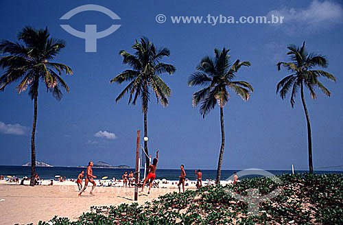  People playing volleyball on Ipanema Beach with four coconut trees in the background - Rio de Janeiro city - Rio de Janeiro state - Brazil 