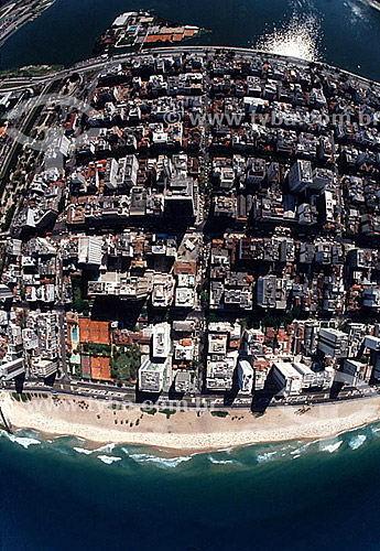  Aerial view of the buildings in the neighborhood of Ipanema, with the beach below and Lagoa Rodrigo de Freitas (Rodrigo de Freitas Lagoon) above, showing the small island where the Clube dos Caiçaras (Caiçaras Club) is located - Rio de Janeiro city  