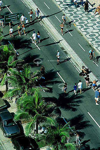  Ipanema Beach on Sunday, when traffic is blocked on Rio de Janeiro´s beachfront avenues for recreation for the locals and tourists - Overhead view of the palm trees on Av. Vieira Souto (Vieira Souto Avenue) and the bicycle path - Rio de Janeiro city 