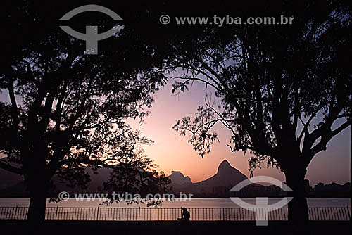  Lagoa Rodrigo de Freitas (Rodrigo de Freitas Lagoon) (1) between the silhouette of two trees at sunset, with a man in the center and Rock of Gavea and Morro Dois Irmaos (Two Brothers Mountain) (2) in the background - Rio de Janeiro city - Rio de Jan 