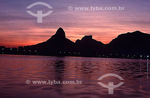  Lagoa Rodrigo de Freitas (Rodrigo de Freitas Lagoon) (1) at sunset with Rock of Gavea and Morro Dois Irmaos (Two Brothers Mountain) (2) in the background - Rio de Janeiro city - Rio de Janeiro state - Brazil  (1) National Historic Site since 06-19-2 