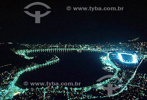  Aerial view of nighttime illumination of the area surrounding Lagoa Rodrigo de Freitas (Rodrigo de Freitas Lagoon)* with the Hipódromo da Gávea (also known as the Jockey Club) to the right - Rio de Janeiro city - Rio de Janeiro state - Brazil  * Nat 